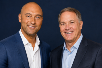 Portrait comparison of Derek Jeter and Jim Taiclet representing athletic and military corporate leadership.