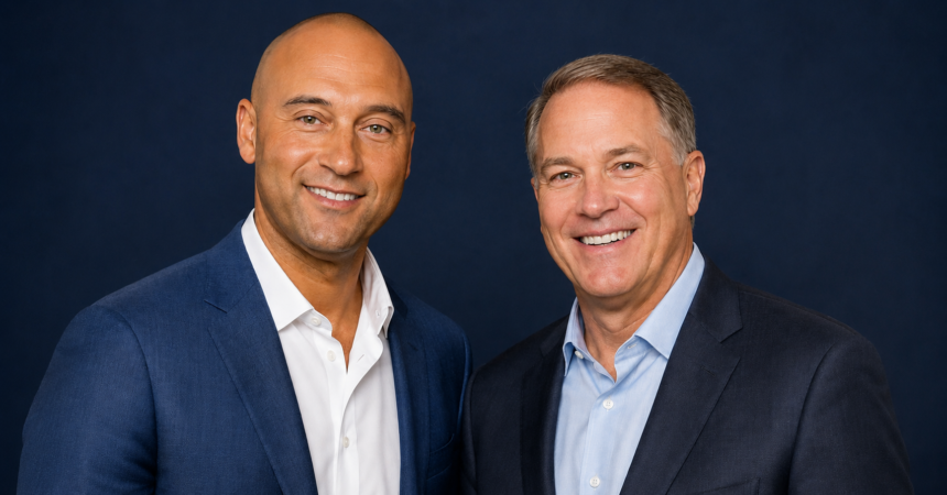 Portrait comparison of Derek Jeter and Jim Taiclet representing athletic and military corporate leadership.